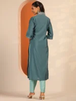 Blue Embellished Silk Blend Straight Kurta - Image 3