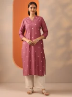Mauve Embroidered Silk Blend Straight Kurta - Image 4