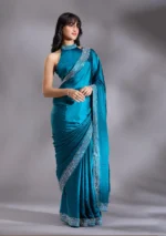 Peacock Blue Silver Stonework Satin Saree - Image 4