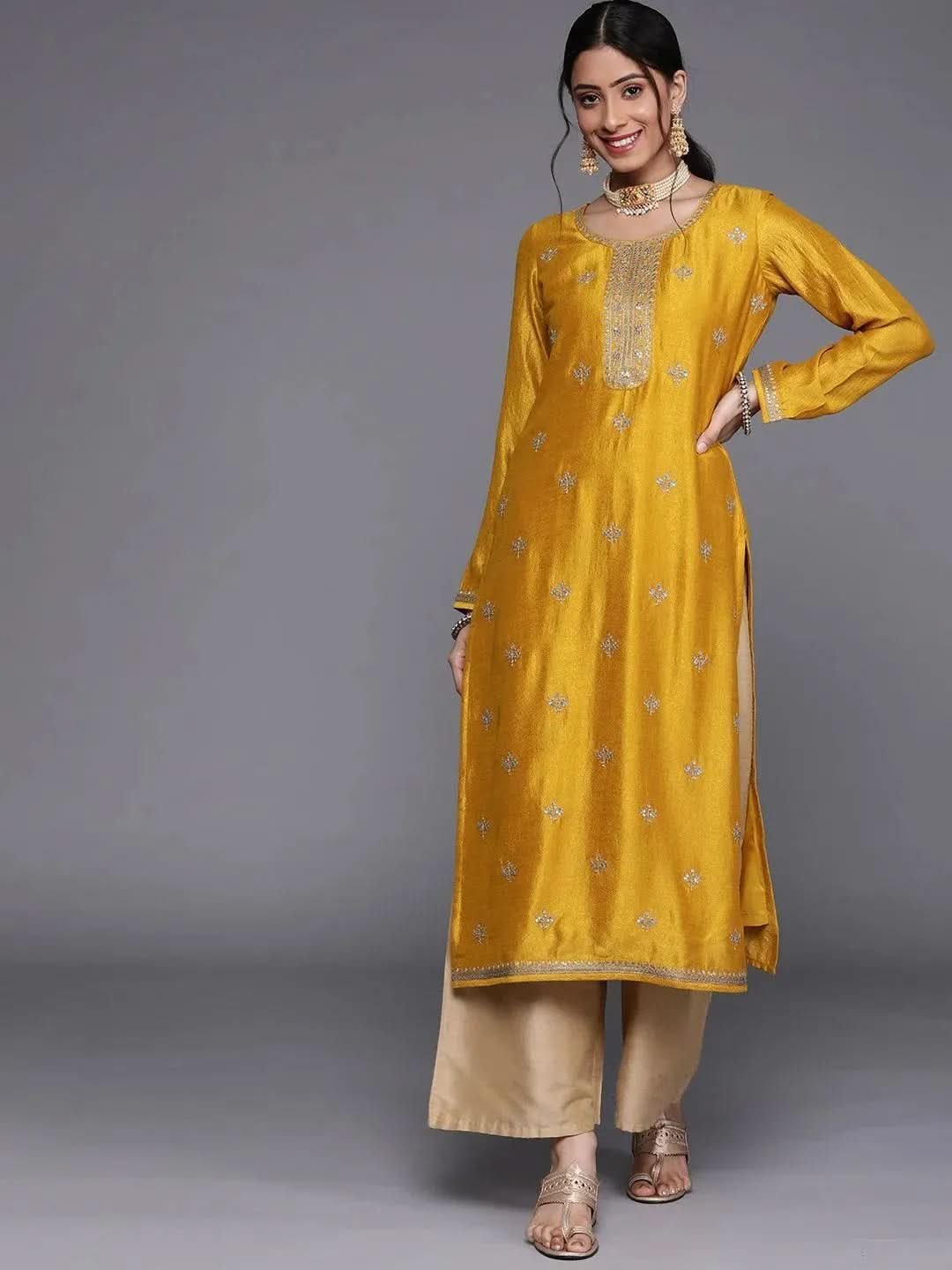 yellow-embellished-silk-kurta-libas-2-1.jpg Yellow Embellished Silk Kurta - Image 1